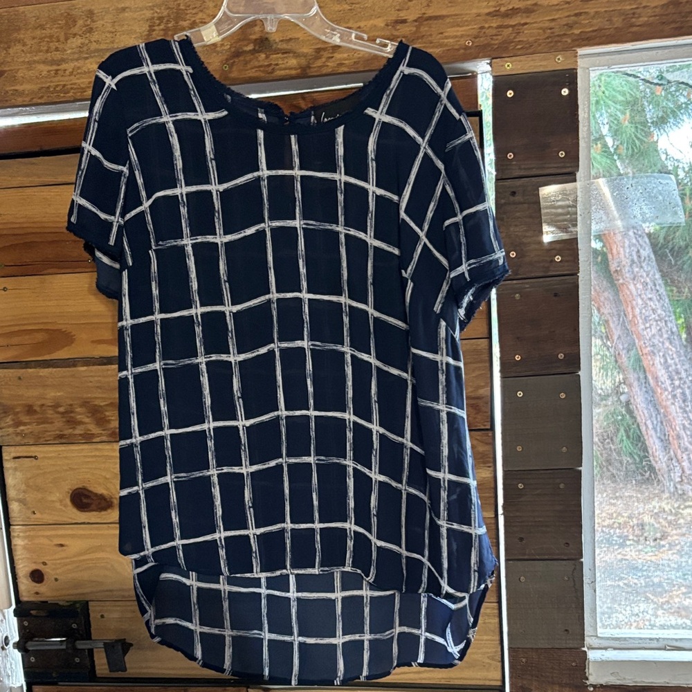 Women's Navy Grid Print Short Sleeve Blouse